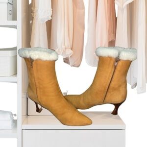 Bally Shearling Suede Booties Heels, Size 7.5, Made in Italy